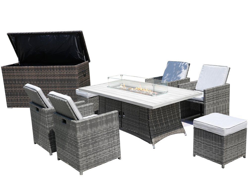 Ten Piece Gray Wicker Multiple Chairs Seating Group With Fire Pit And Table
