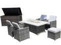 Ten Piece Gray Wicker Multiple Chairs Seating Group With Fire Pit And Table