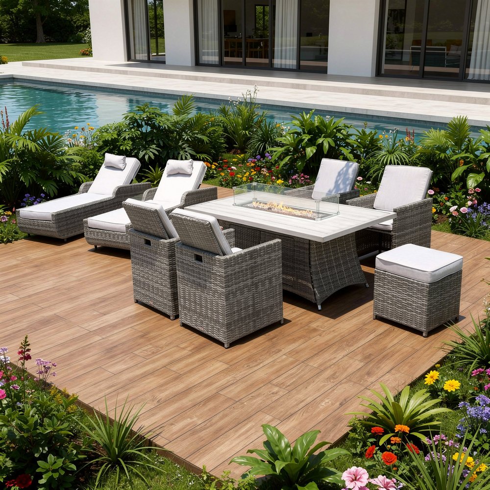Nine Piece Outdoor Gray Wicker Multiple Chairs Seating Group Fire Pit Included with Gray Cushions