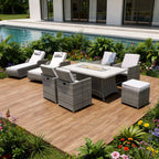 Nine Piece Outdoor Gray Wicker Multiple Chairs Seating Group Fire Pit Included with Gray Cushions