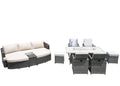 Nine Piece Gray Wicker Multiple Chairs Seating Group With Fire Pit And Table