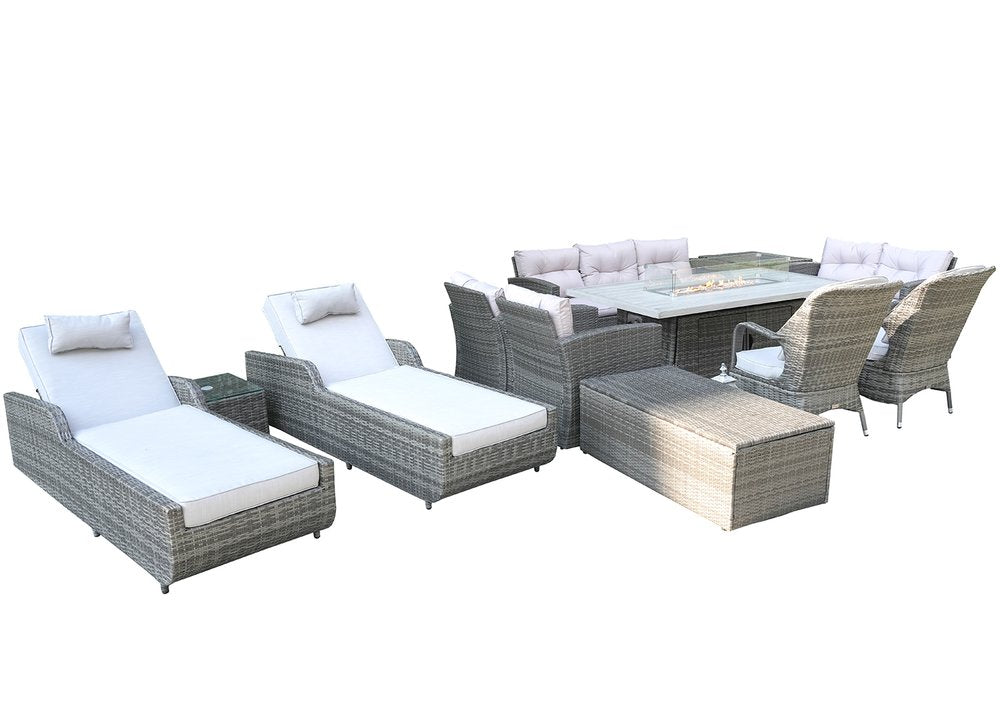 Twelve Piece Gray Wicker Multiple Chairs Seating Group With Fire Pit And Table