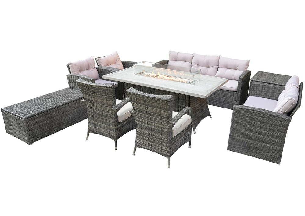 Nine Piece Gray Wicker Multiple Chairs Seating Group With Fire Pit And Table