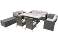 Nine Piece Gray Wicker Multiple Chairs Seating Group With Fire Pit And Table