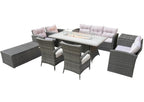 Nine Piece Gray Wicker Multiple Chairs Seating Group With Fire Pit And Table