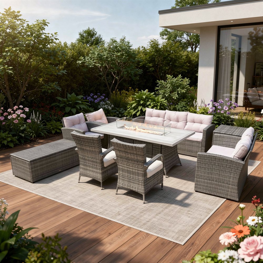 Nine Piece Gray Wicker Multiple Chairs Seating Group With Fire Pit And Table