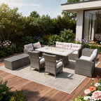 Nine Piece Gray Wicker Multiple Chairs Seating Group With Fire Pit And Table