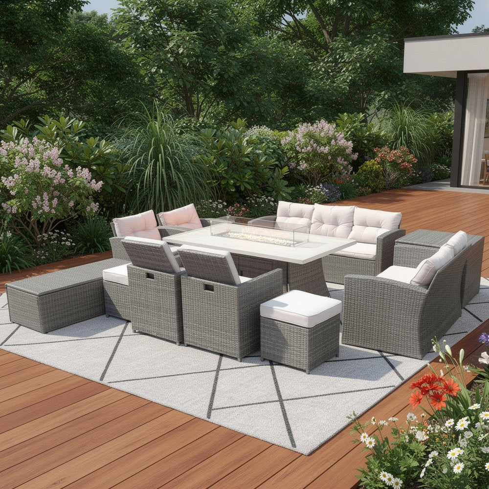 Eleven Piece Gray Wicker Multiple Chairs Seating Group With Fire Pit And Table