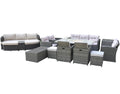 Twelve Piece Gray Wicker Multiple Chairs Seating Group With Fire Pit And Table