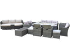 Twelve Piece Gray Wicker Multiple Chairs Seating Group With Fire Pit And Table