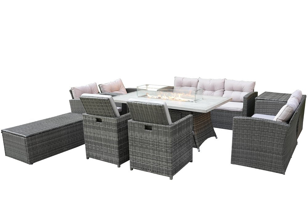 Nine Piece Gray Wicker Multiple Chairs Seating Group With Fire Pit And Table
