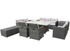 Nine Piece Gray Wicker Multiple Chairs Seating Group With Fire Pit And Table