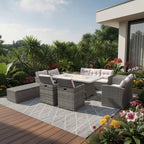 Nine Piece Gray Wicker Multiple Chairs Seating Group With Fire Pit And Table