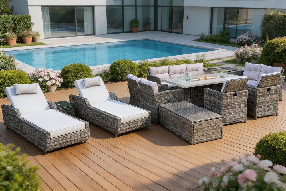 Twelve Piece Gray Wicker Multiple Chairs Seating Group With Fire Pit And Table
