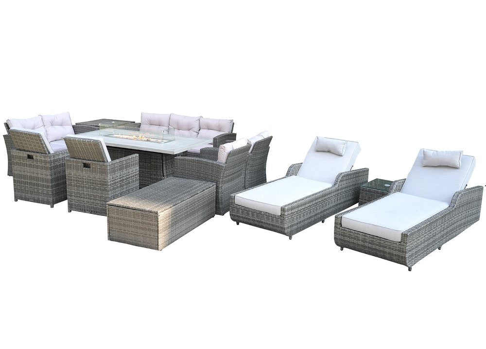 Twelve Piece Gray Wicker Multiple Chairs Seating Group With Fire Pit And Table