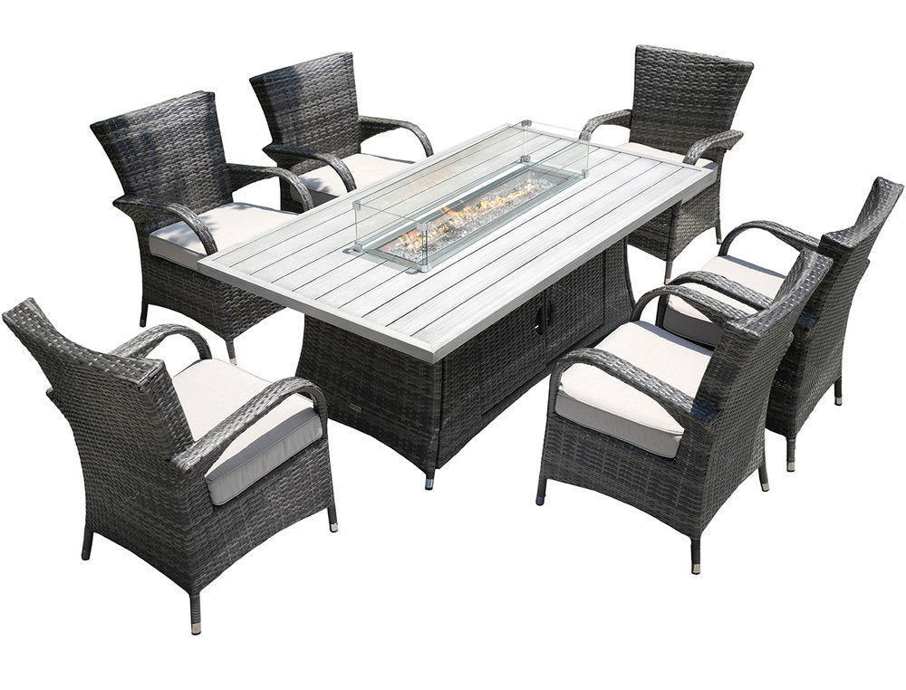Seven Piece Gray and Beige Wicker Multiple Chairs Seating Group With Fire Pit And Table