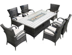 Seven Piece Gray and Beige Wicker Multiple Chairs Seating Group With Fire Pit And Table