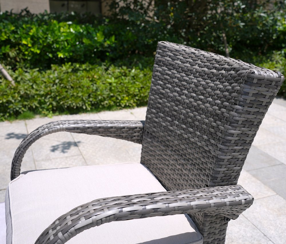 Seven Piece Gray and Beige Wicker Multiple Chairs Seating Group With Fire Pit And Table