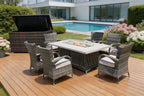 Eight Piece Gray Wicker Multiple Chairs Seating Group With Fire Pit And Table