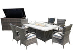 Eight Piece Gray Wicker Multiple Chairs Seating Group With Fire Pit And Table