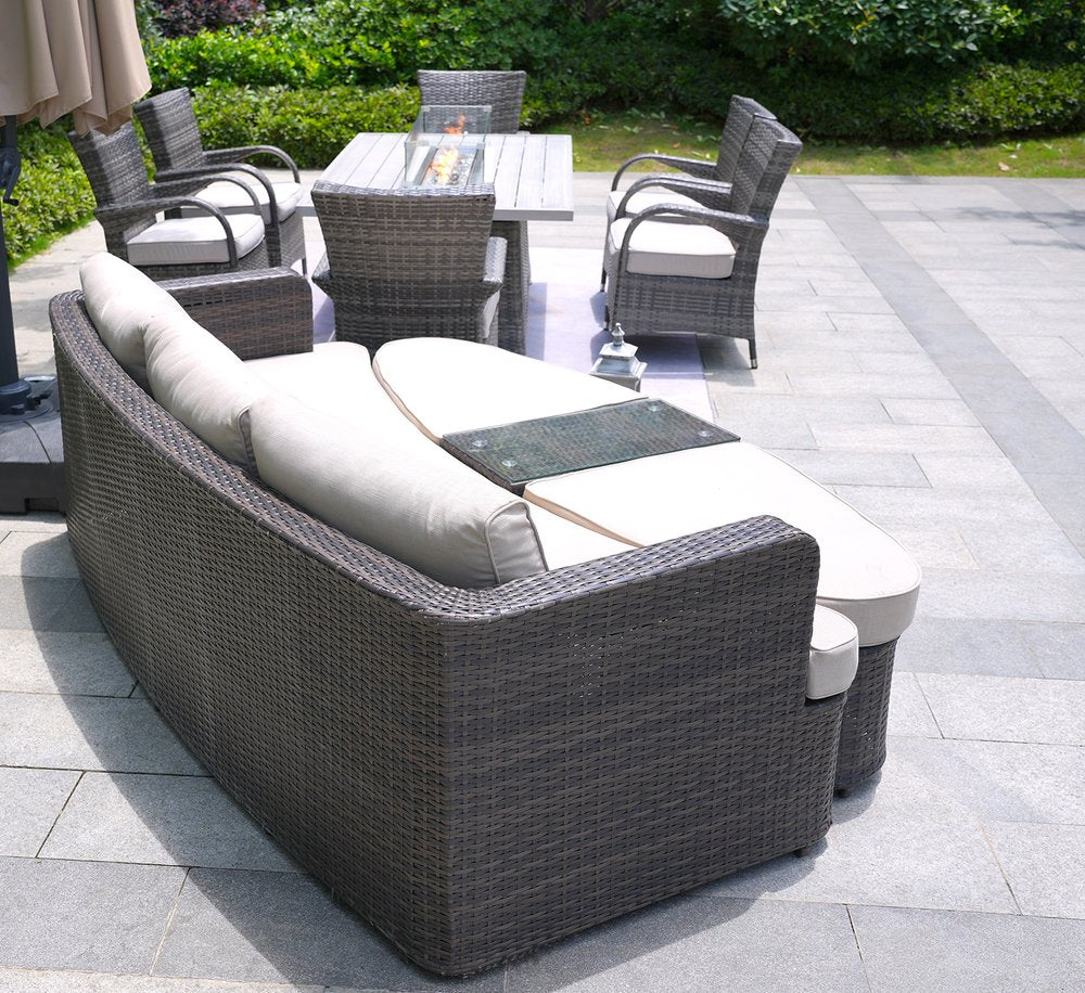Nine Piece Gray Wicker Multiple Chairs Seating Group With Fire Pit And Table