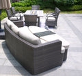 Nine Piece Gray Wicker Multiple Chairs Seating Group With Fire Pit And Table