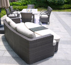 Nine Piece Gray Wicker Multiple Chairs Seating Group With Fire Pit And Table