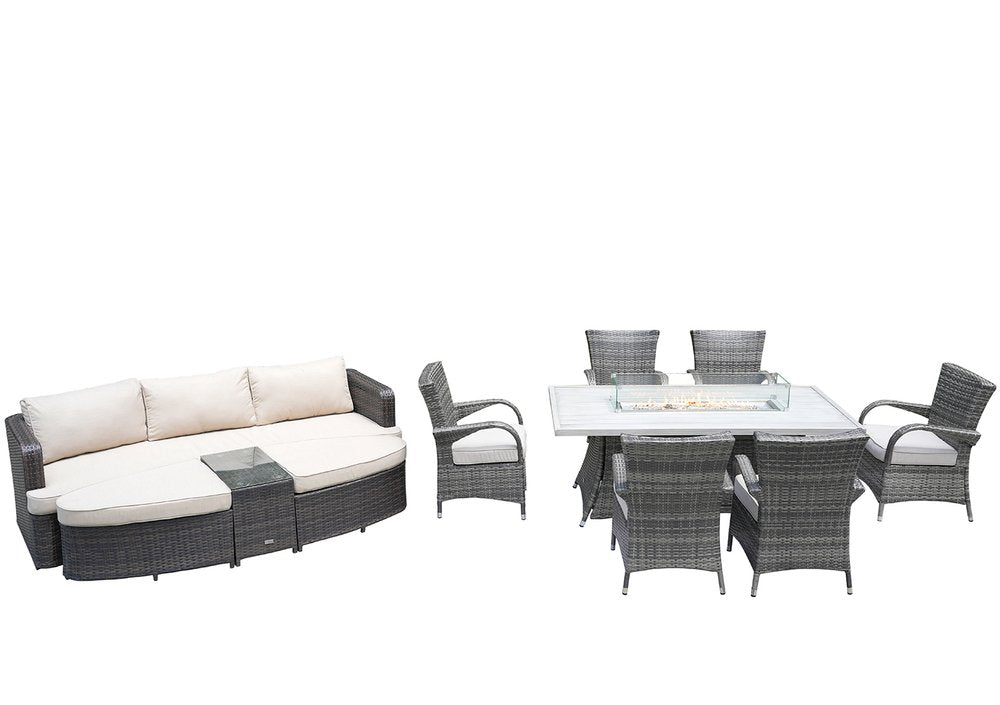 Nine Piece Gray Wicker Multiple Chairs Seating Group With Fire Pit And Table