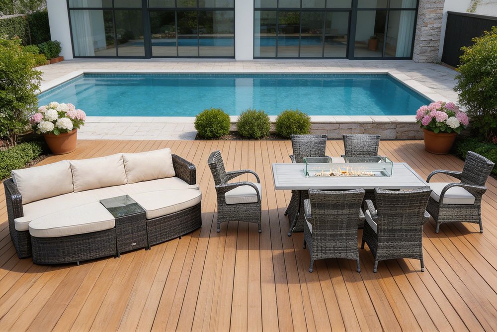 Nine Piece Gray Wicker Multiple Chairs Seating Group With Fire Pit And Table