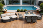 Nine Piece Gray Wicker Multiple Chairs Seating Group With Fire Pit And Table