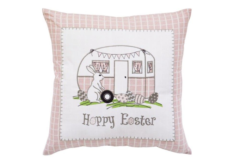 17" Pink And White Easter Bunny Plaid Throw Pillow with Embroidery