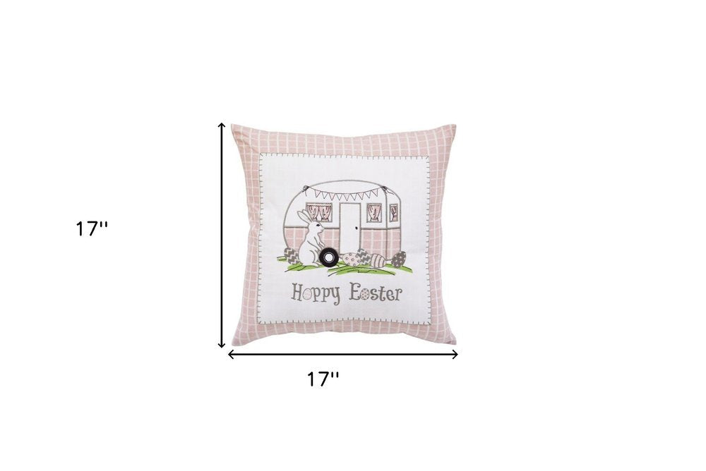 17" Pink And White Easter Bunny Plaid Throw Pillow with Embroidery