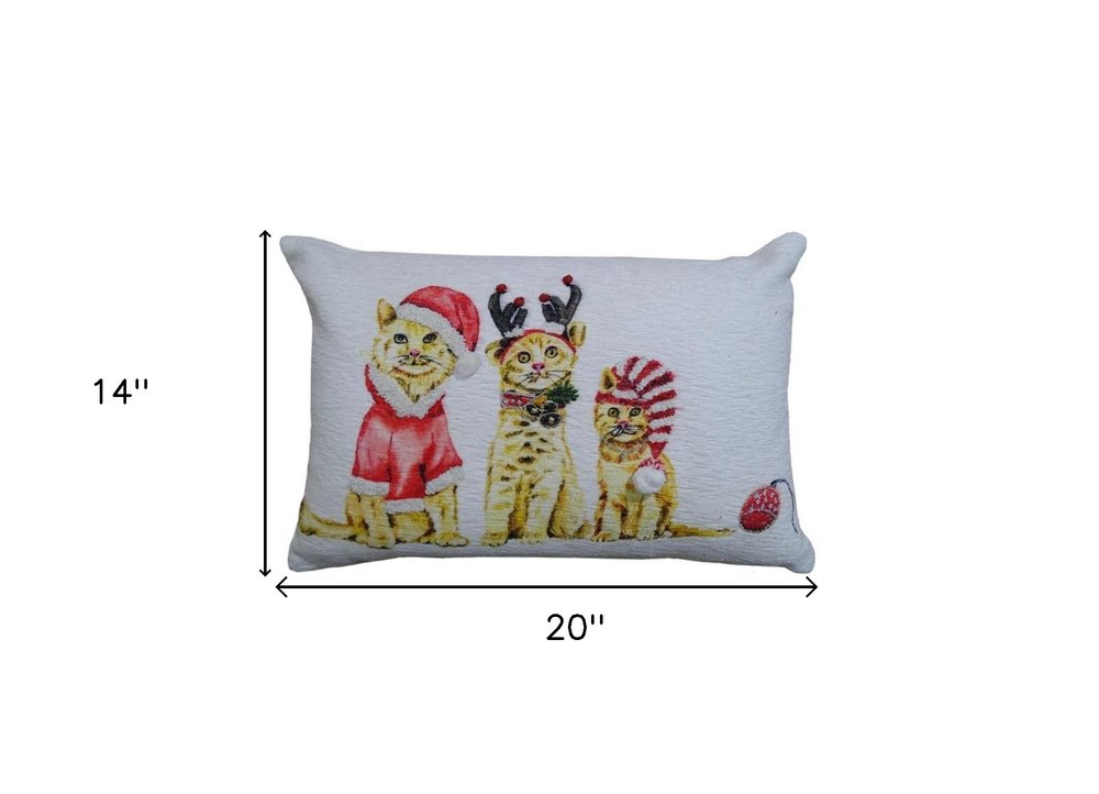14" X 20" White And Red Cat Zippered Cotton Blend Christmas Throw Pillow
