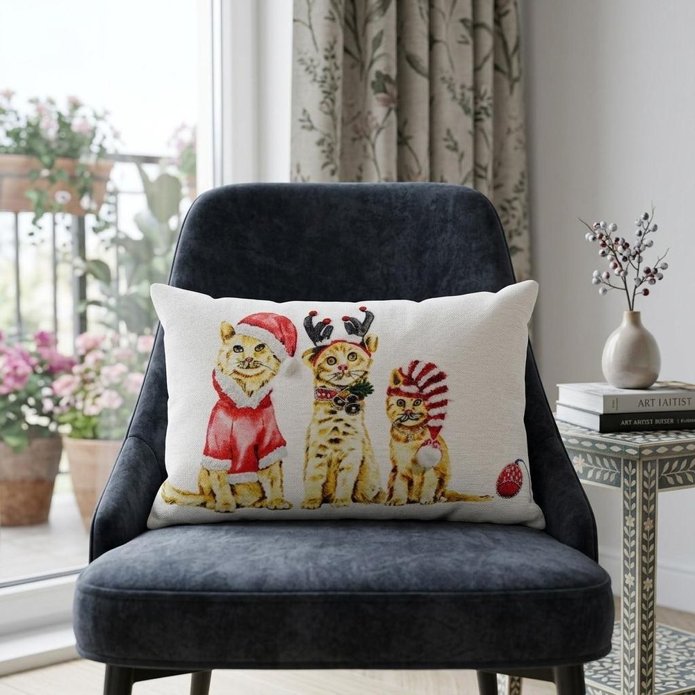 14" X 20" White And Red Cat Zippered Cotton Blend Christmas Throw Pillow