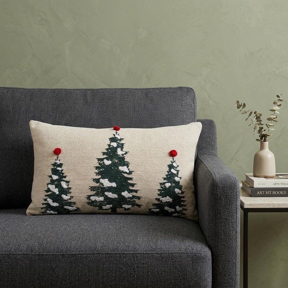 14" X 24" Red And Green Zippered Cotton Blend Christmas Tree Throw Pillow