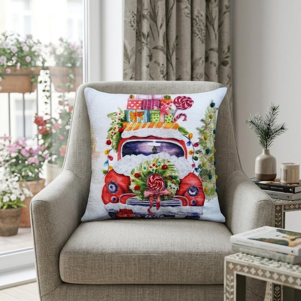 20" X 20" Green And Red Zippered Handmade Cotton Blend Christmas Holiday Van Throw Pillow With Pom Poms