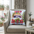 20" X 20" Green And Red Zippered Handmade Cotton Blend Christmas Holiday Van Throw Pillow With Pom Poms