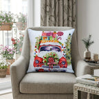 20" X 20" Green And Red Zippered Handmade Cotton Blend Christmas Holiday Van Throw Pillow With Pom Poms