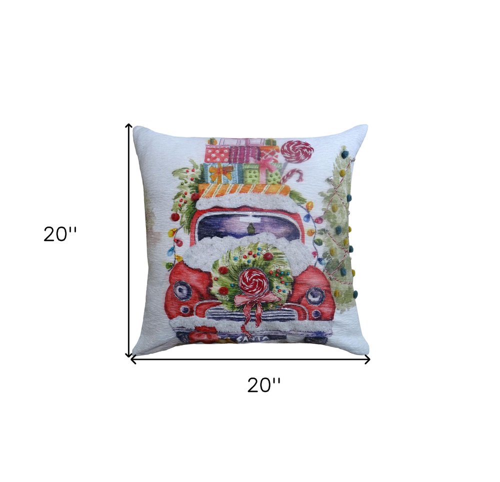 20" X 20" Green And Red Zippered Handmade Cotton Blend Christmas Holiday Van Throw Pillow With Pom Poms