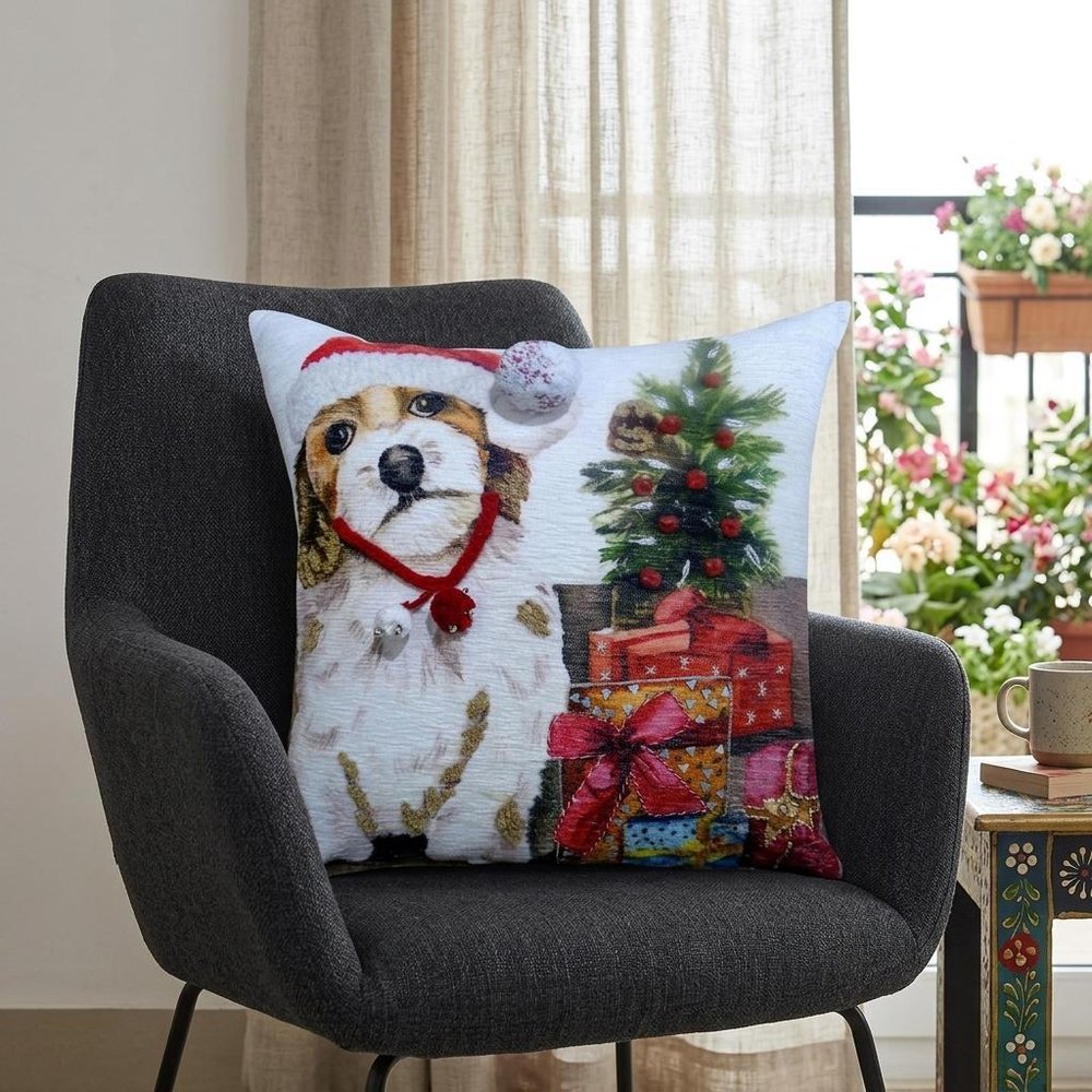 20" X 20" Red And White Dog Zippered Handmade Cotton Blend Christmas Throw Pillow With Pom Poms
