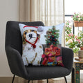 20" X 20" Red And White Dog Zippered Handmade Cotton Blend Christmas Throw Pillow With Pom Poms