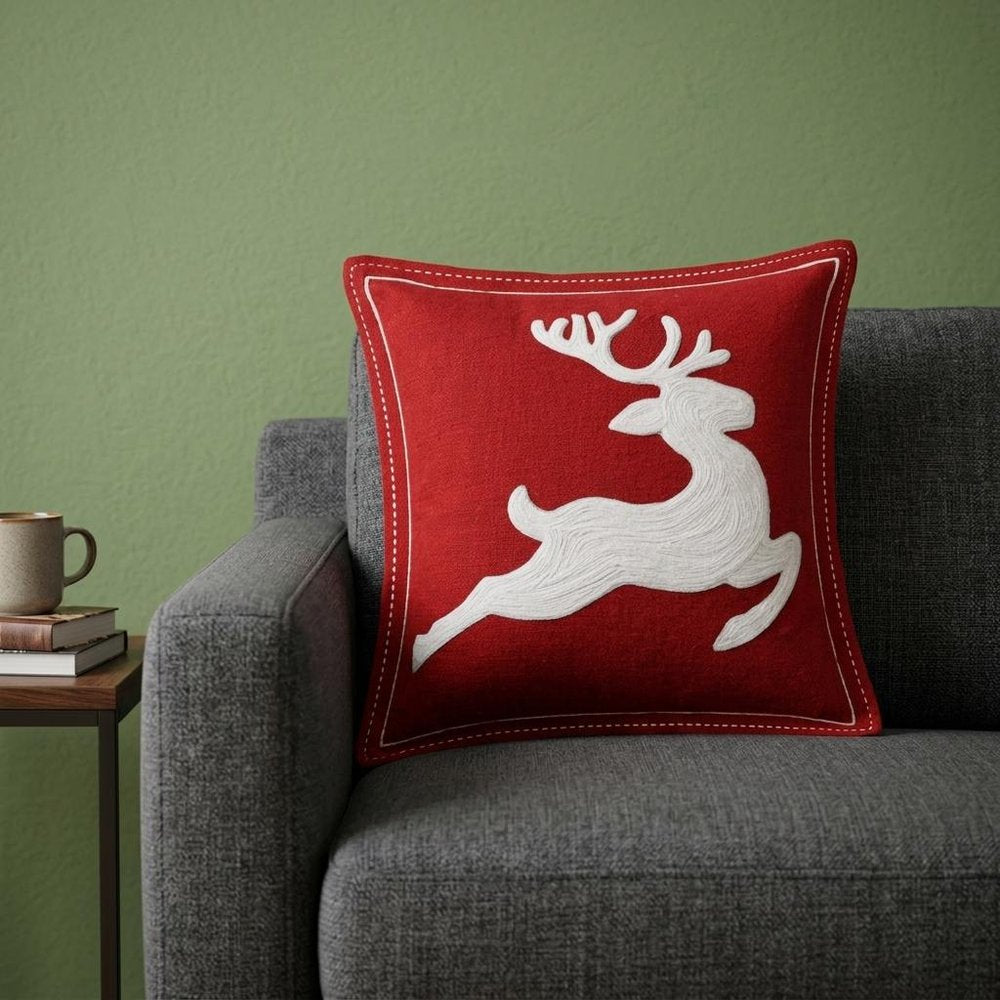 20" X 20" Red Deer Zippered Cotton Blend Christmas Reindeer Throw Pillow