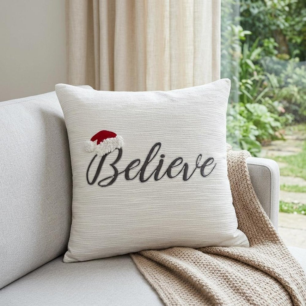 20" X 20" White Cotton Blend Believe Christmas Throw Pillow