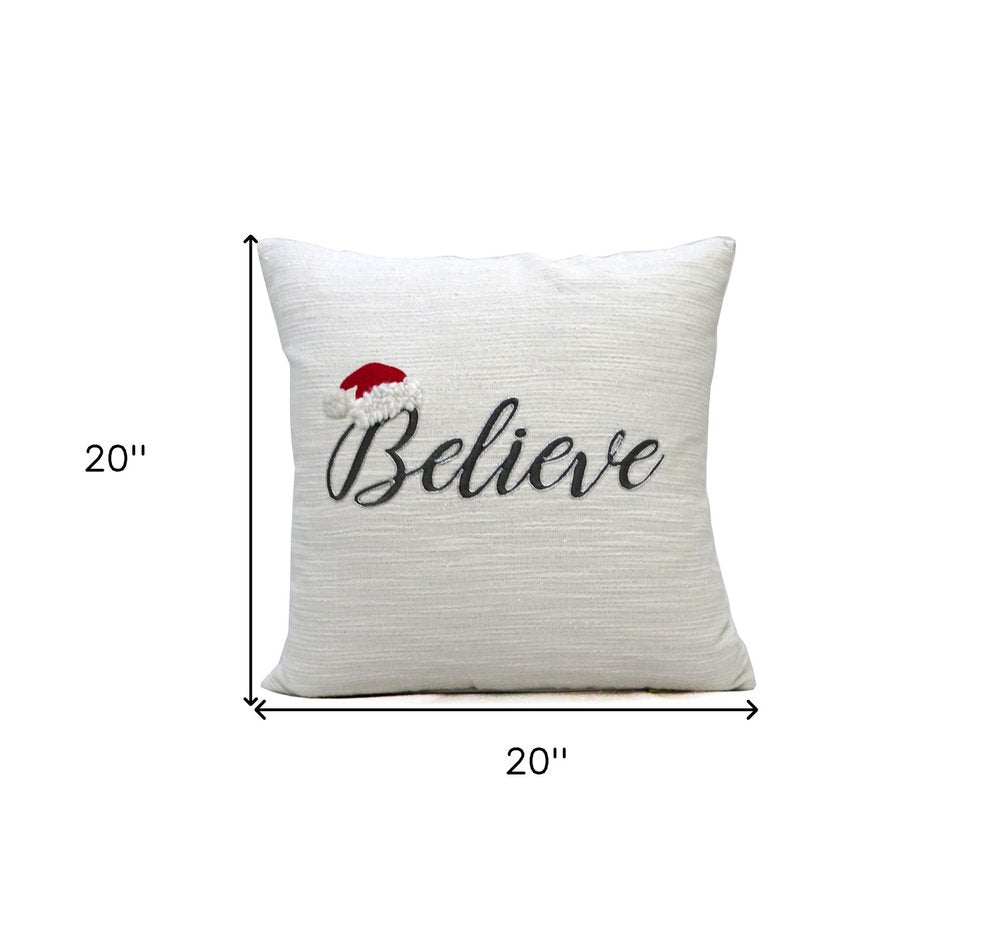 20" X 20" White Cotton Blend Believe Christmas Throw Pillow