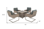 Five Piece Gray and Moss Green Wicker Upholstered Cushions Outdoor Patio Set With Fire Pit And Table