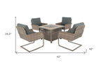 Five Piece Gray and Moss Green Wicker Upholstered Cushions Outdoor Patio Set With Fire Pit And Table
