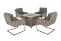 Five Piece Gray and Moss Green Wicker Upholstered Cushions Outdoor Patio Set With Fire Pit And Table