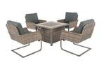 Five Piece Gray and Moss Green Wicker Upholstered Cushions Outdoor Patio Set With Fire Pit And Table
