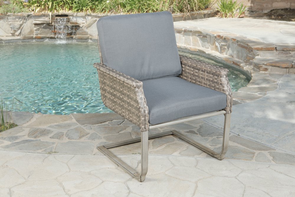 Five Piece Gray and Moss Green Wicker Upholstered Cushions Outdoor Patio Set With Fire Pit And Table