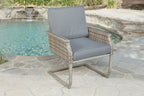 Five Piece Gray and Moss Green Wicker Upholstered Cushions Outdoor Patio Set With Fire Pit And Table